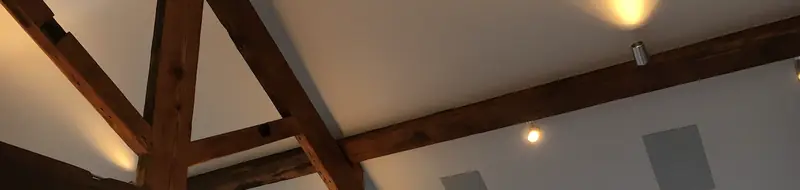 Vaulted ceiling with exposed timber beams, lit by discreet surface mounted downlights